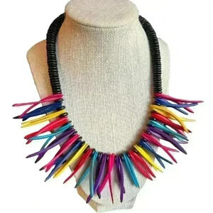 Vintage tropical multicolored wood necklace with black beads perfect for summer